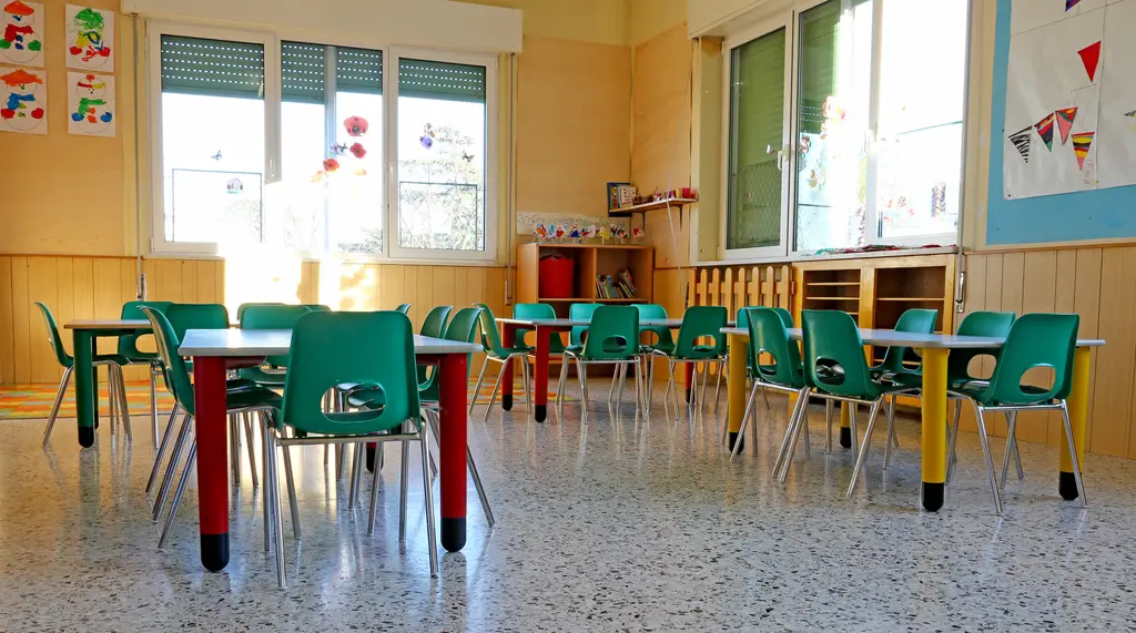 interiors of a kindergarten class with the Green chairs and children's decorations
