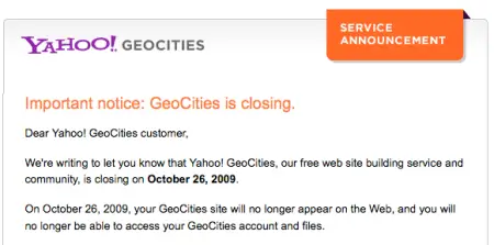 Yahoo! Geocities social network notice of closing