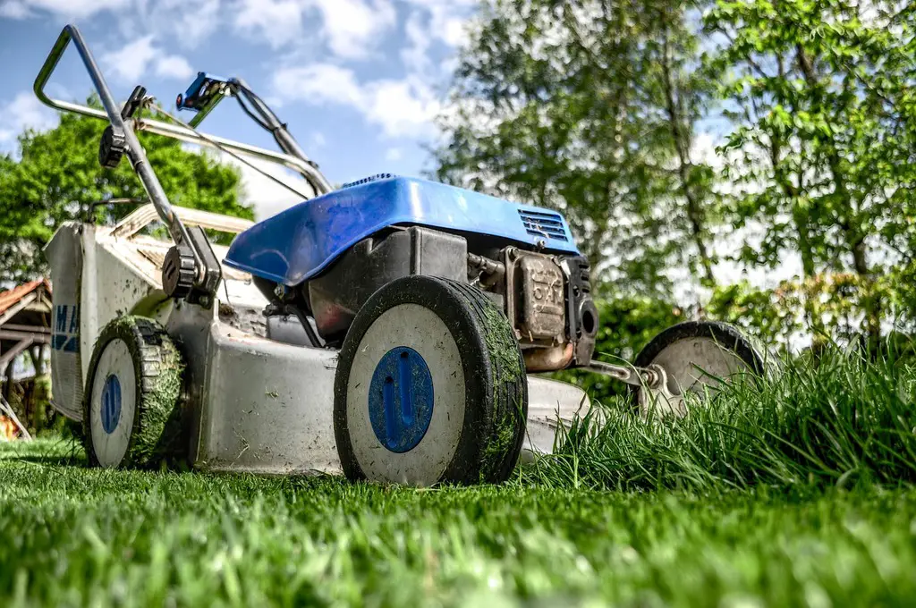 A lawnmower cutting grass.