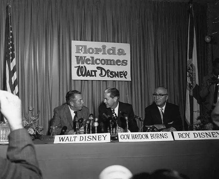 Walt Disney and Roy Disney meeting with Governor Haydon Burns of Florida after announcing Walt Disney World.