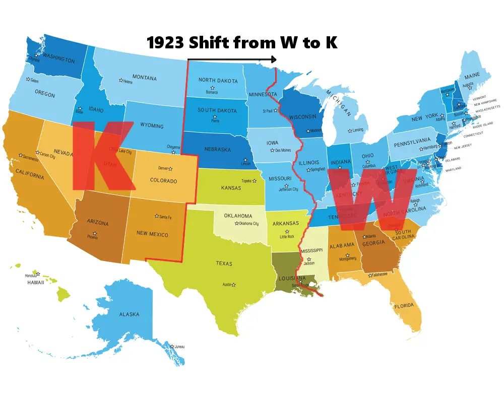 Map of usa for beginning call letters for radion and tv stations with 1923 shift that moved boundry to the Mississippi River.