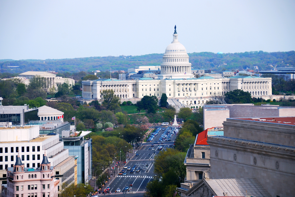 Washington DC (the District of Columbia) aerial view with capitol hill building and street 