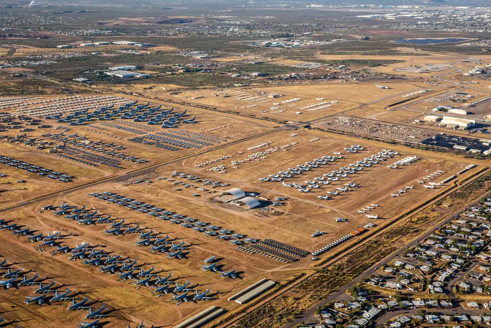 Davis-Monthan Air Force Base in Tucson, Arizona, aerial view of the boneyard.