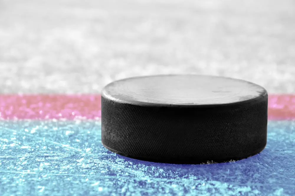 Photo of a hockey puck on the ice.