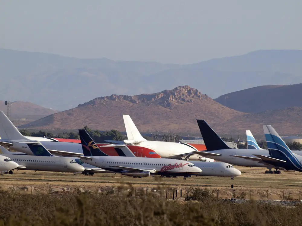 Commerical airplanes in the boneyard at the Mojave Airport.