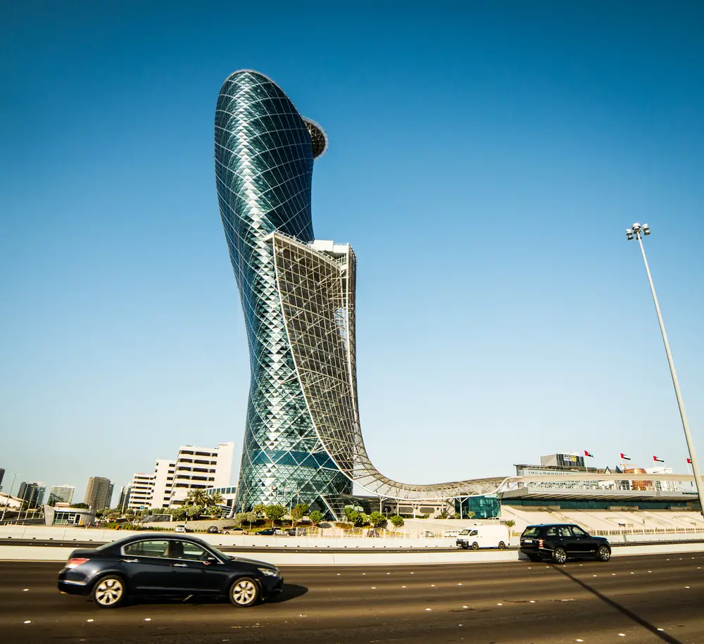 The Capital Gate building, the tallest inclined building in the world.