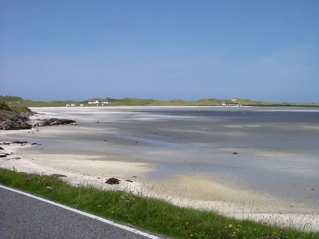 View of Traigh Mhor beach, which means “big beach” in Gaelic, and the site of the Barra Airport runways. The terminal for the airport is in the distance to the right.