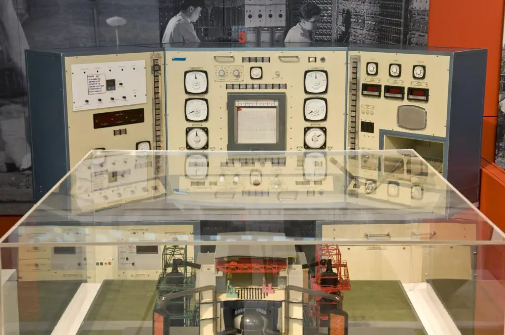 Control panel for the Jason nuclear reactor, Royal Naval College, Greenwich, 1962. Front view. Gallery display.