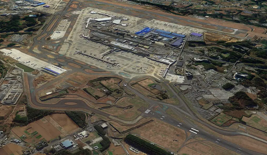 Narita International Airport Tokyo satellite view of farms in the airport boundaries.