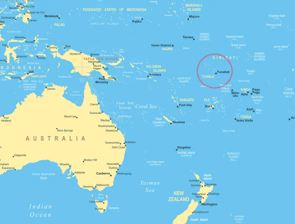 Map of the south Pacific with Tuvalu highlighted