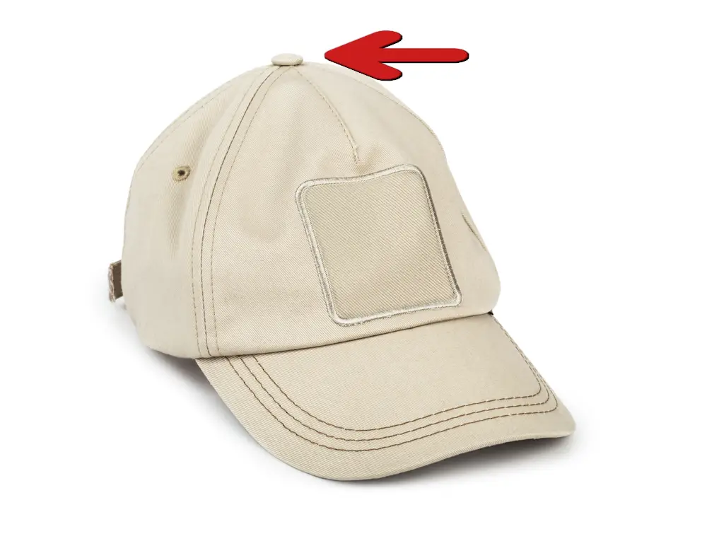 Baseball cap showing the button called a squatchee.