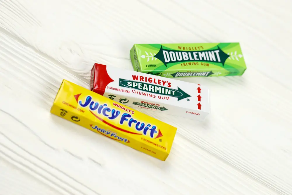 Packages of Wrigley's Juicy Fruit and spearmint gum.
